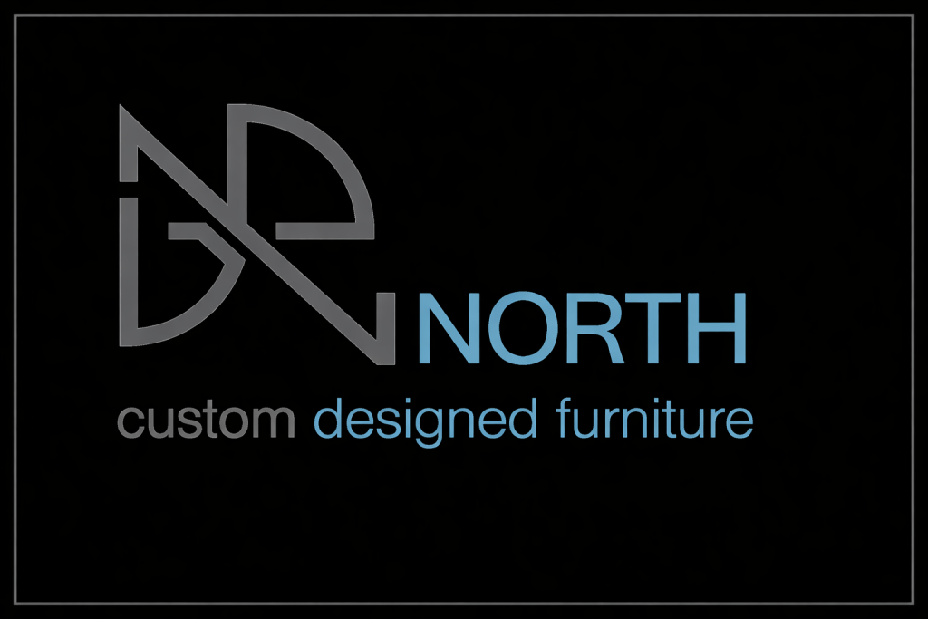 "Logo for custom furniture company, DN North, with black background and grey and blue text."